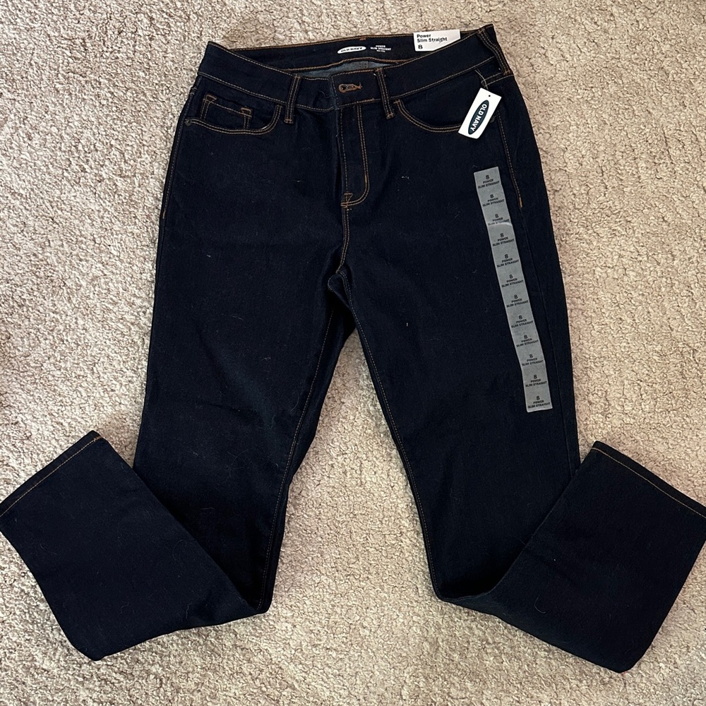 NWT Old Navy Power slim straight, mid-rise jeans, dark denim, size 8.
